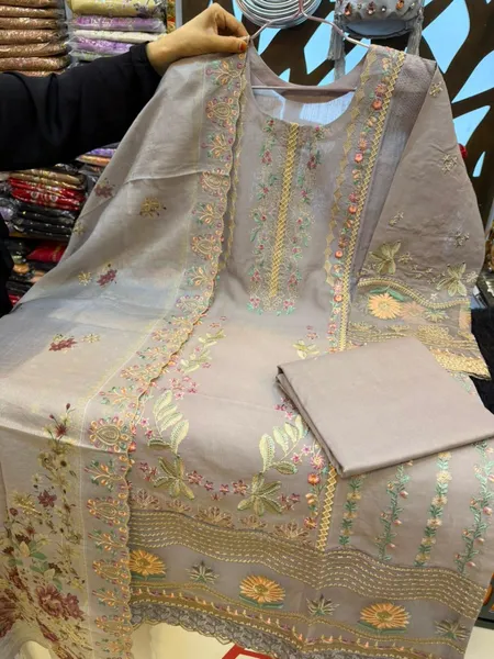 Pakistani-Inspired Stripe Cotton Embroidered Three-Piece Suit