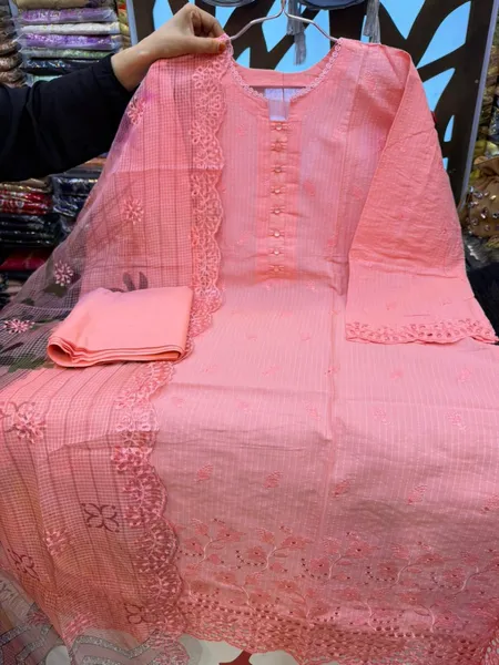 Pakistani-Inspired Stripe Cotton Embroidered Three-Piece Suit - Multi Colors 