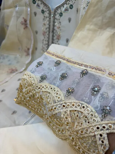 Pakistani Inspired Swiss Lawn Embroidered 3-Piece Suite - Cream & Dusty Pink