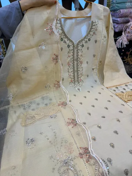 Pakistani Inspired Swiss Lawn Embroidered 3-Piece Suite - Cream & Dusty Pink
