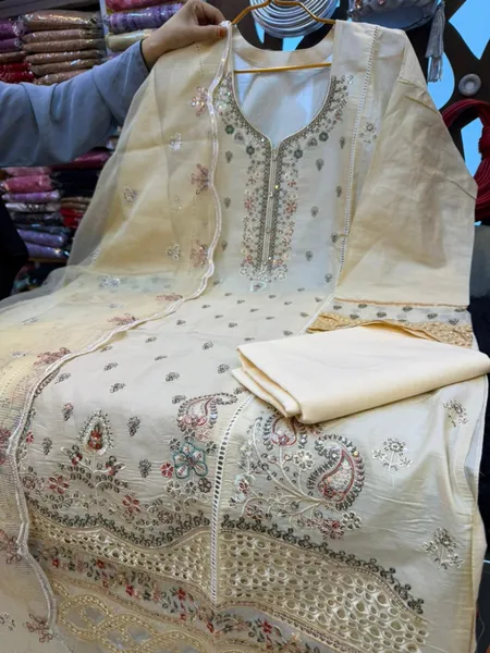 Pakistani Inspired Swiss Lawn Embroidered 3-Piece Suite - Cream & Dusty Pink