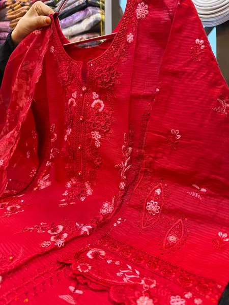 Pakistani Inspired Swiss Lawn Embroidered 3-Piece Suit - Crimson Red