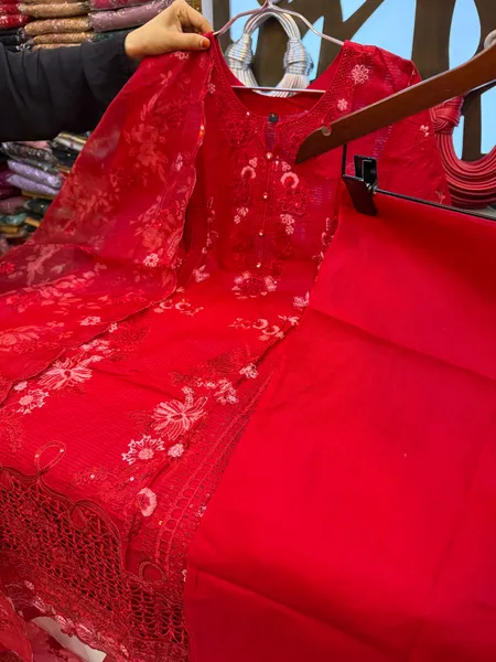 Pakistani Inspired Swiss Lawn Embroidered 3-Piece Suit - Crimson Red