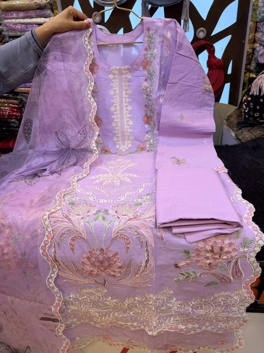 Pakistani-Inspired Embroidered Swiss Lawn 3-Piece Suit - Free Size
