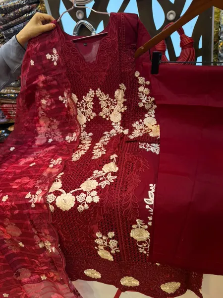 Pakistani-Inspired Embroidered Swiss Lawn 3-Piece Suit - Wine Red