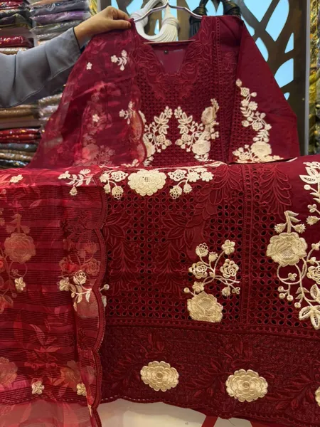 Pakistani-Inspired Embroidered Swiss Lawn 3-Piece Suit - Wine Red