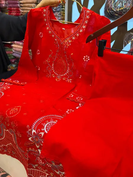Embroidered Swiss Lawn Cotton Co-Ord Set -Vibrant Bright Red Base with Matching Red Pants