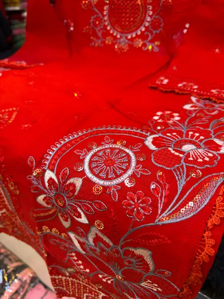 Embroidered Swiss Lawn Cotton Co-Ord Set -Vibrant Bright Red Base with Matching Red Pants