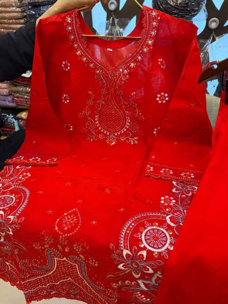 Embroidered Swiss Lawn Cotton Co-Ord Set -Vibrant Bright Red Base with Matching Red Pants
