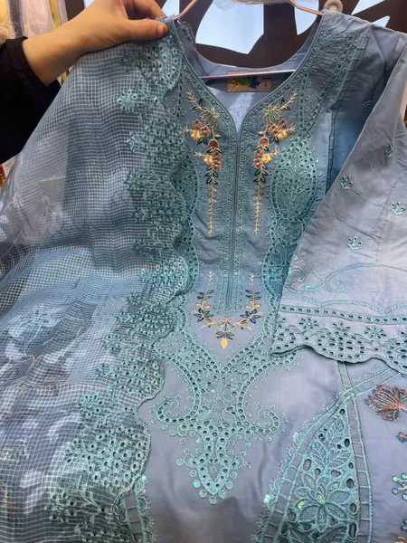 Pakistani-Inspired Embroidered Swizz Lawn Stitched Three-Piece Collection (Slate Blue)