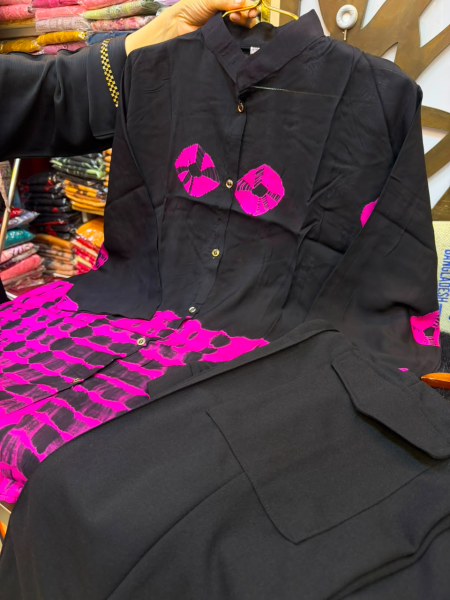 Vibrant Pink & Black Tie-Dye Silk-Cotton Tops Set 01 pcs Set