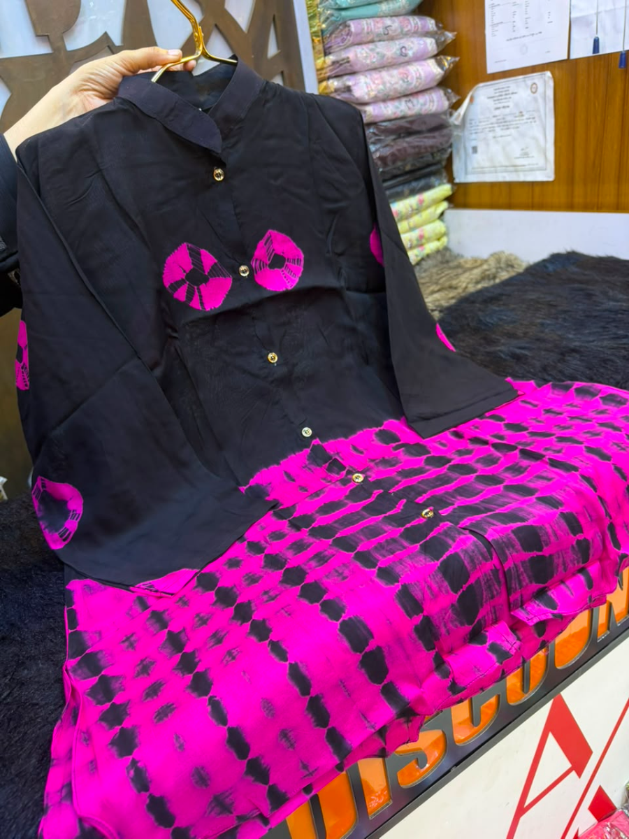 Vibrant Pink & Black Tie-Dye Silk-Cotton Tops Set 01 pcs Set