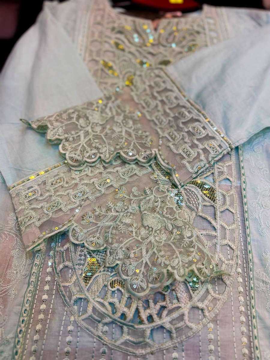 Luxury Embroidered Lawn Cutwork Three-Piece Suit - Pastel Blue / Aqua