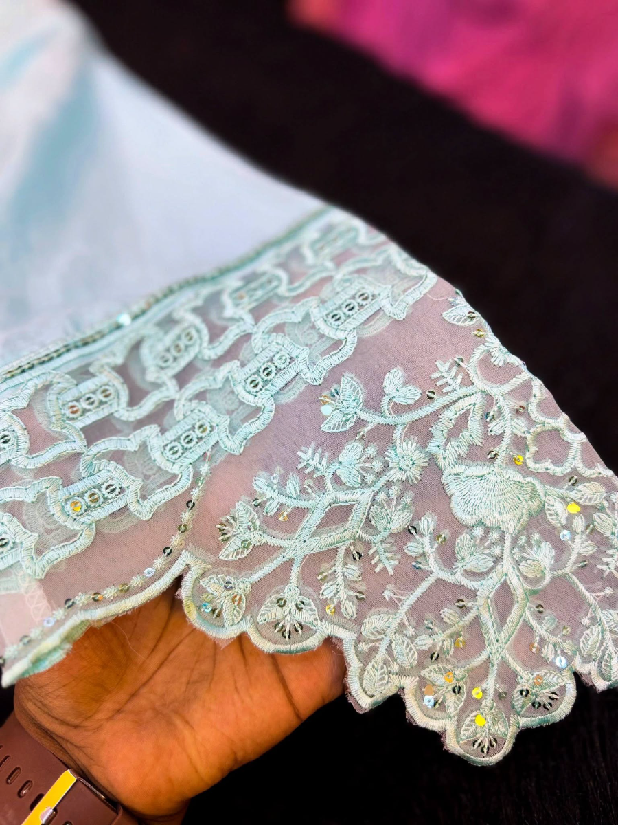 Luxury Embroidered Lawn Cutwork Three-Piece Suit - Pastel Blue / Aqua