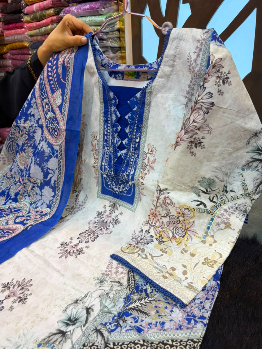 Ethnic Printed Swiss Lawn Stitched Three-Piece Suit - Royal Blue & Cream