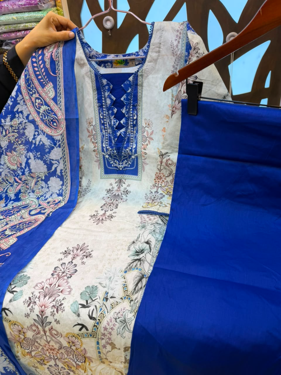 Ethnic Printed Swiss Lawn Stitched Three-Piece Suit - Royal Blue & Cream