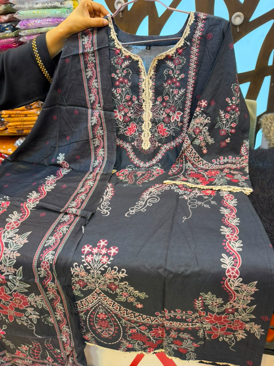 Swizz Lawn Printed Cotton 3-Piece Suit with Lace Work - Dark Charcoal & Red