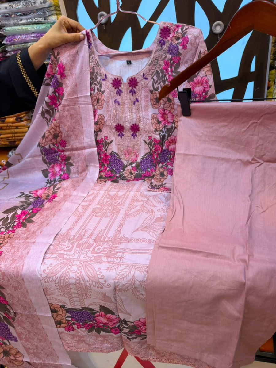 Swizz Lawn Printed Cotton 3-Piece Suit with Organza Embroidery Neck Panel -  Soft Pink & Purple