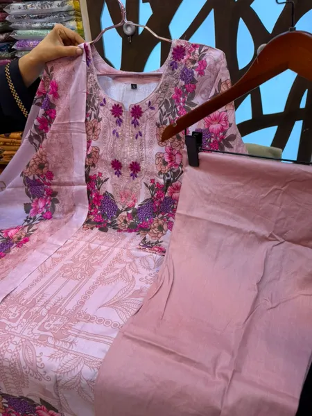 Swizz Lawn Printed Cotton 3-Piece Suit with Organza Embroidery Neck Panel -  Soft Pink & Purple