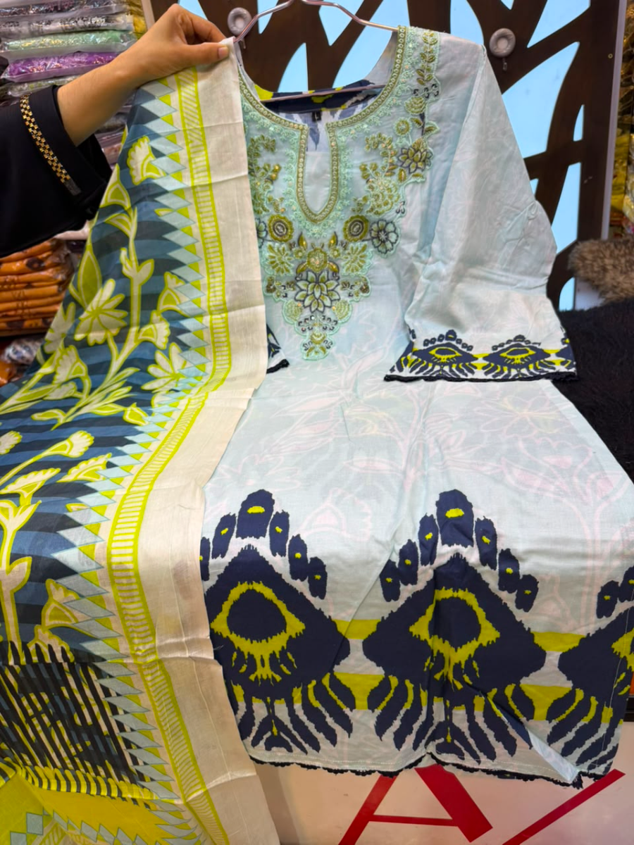 Swizz Lawn Printed Cotton 3-Piece Suit with Organza Embroidery Neck Panel - Vibrant Sky Blue & Lime Green