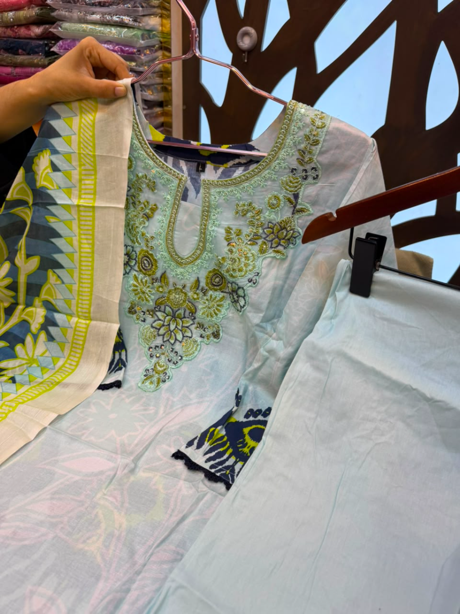 Swizz Lawn Printed Cotton 3-Piece Suit with Organza Embroidery Neck Panel - Vibrant Sky Blue & Lime Green