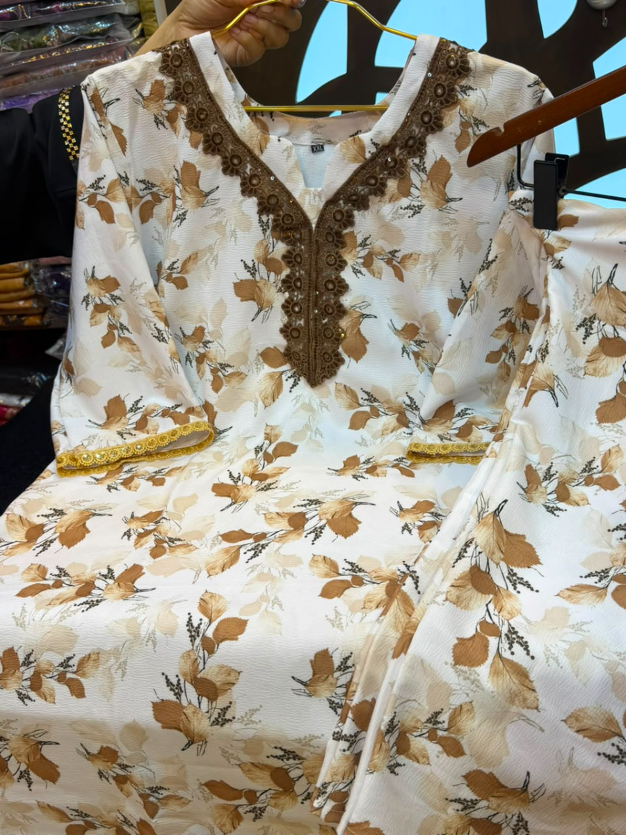 Elegant Leaf Printed China Crepe Stitched Co-ord Set with Neckline Lace Work