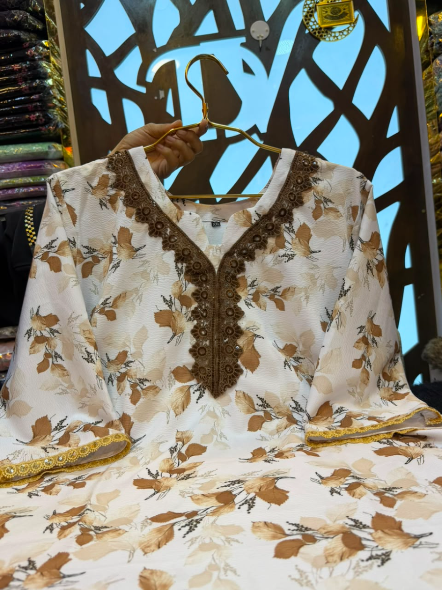 Elegant Leaf Printed China Crepe Stitched Co-ord Set with Neckline Lace Work