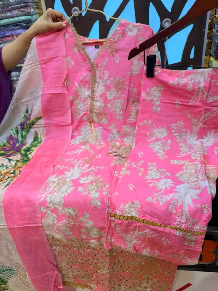 Floral Printed Cotton Three-Piece Suit with Embroidered Cutwork - Bright Pink / Soft Rose Pink