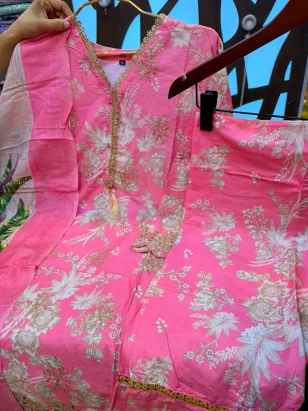 Floral Printed Cotton Three-Piece Suit with Embroidered Cutwork - Bright Pink / Soft Rose Pink