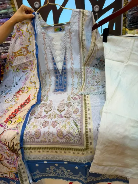 New Swiss Lawn Collection Printed Stitched Three-Piece Suit - Sky Blue and Off-White Base