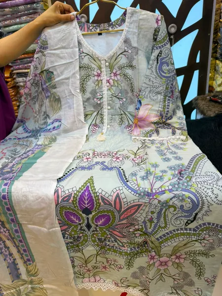 Floral & Paisley Printed Cotton Stitched Three-Piece Suit - Soft Pastels / Light Mint & Ice Blue Base
