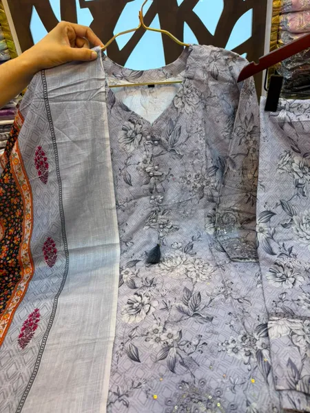 Monochrome Floral Printed Cotton Three-Piece Suit with Cutwork Embroidery - Subtle Ash Grey / Soft Ice Lavender Base