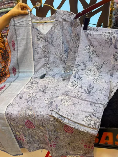 Monochrome Floral Printed Cotton Three-Piece Suit with Cutwork Embroidery - Subtle Ash Grey / Soft Ice Lavender Base
