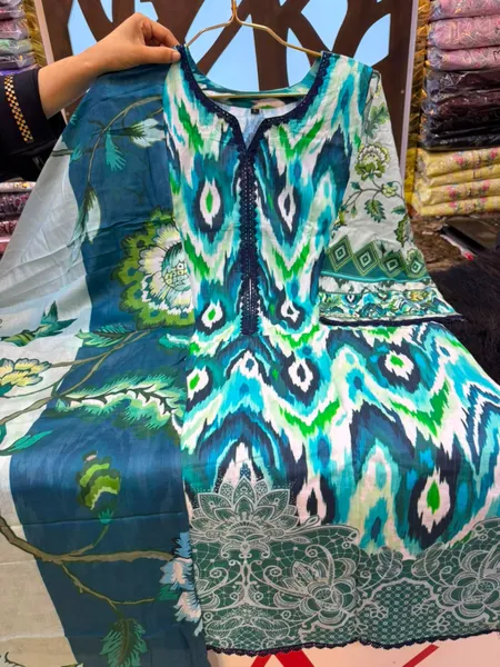 Teal & Emerald Ikat Printed Swiss Lawn Three-Piece Suit Set