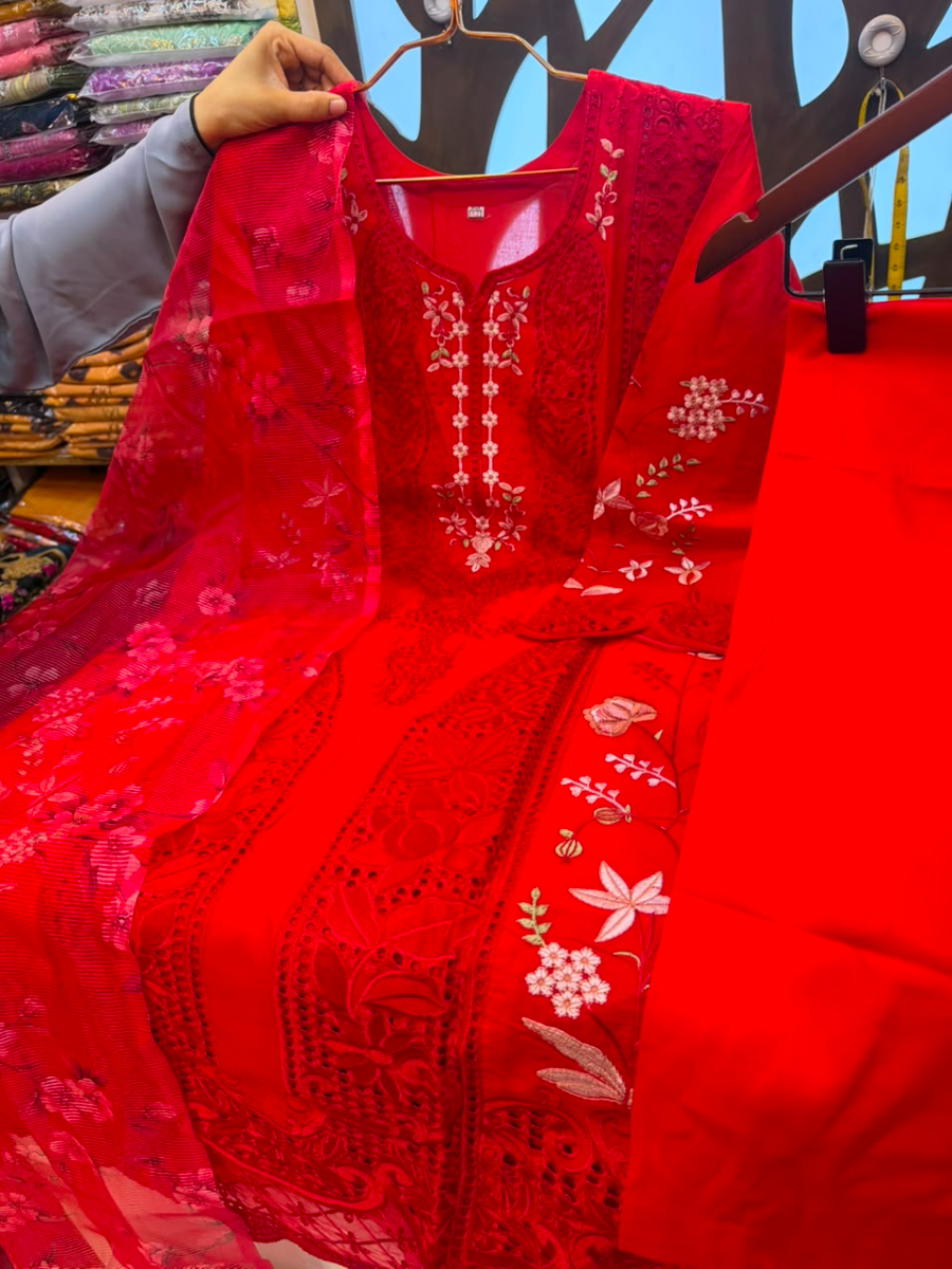 Pakistani-Inspired Embroidered Solid Cotton Three-Piece Suit - Vibrant Ruby Red / Crimson Red