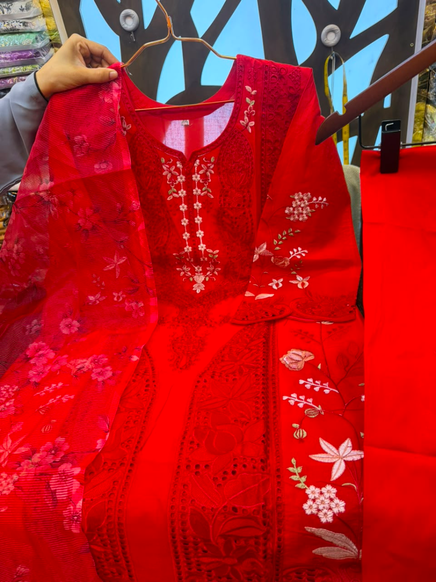 Pakistani-Inspired Embroidered Solid Cotton Three-Piece Suit - Vibrant Ruby Red / Crimson Red