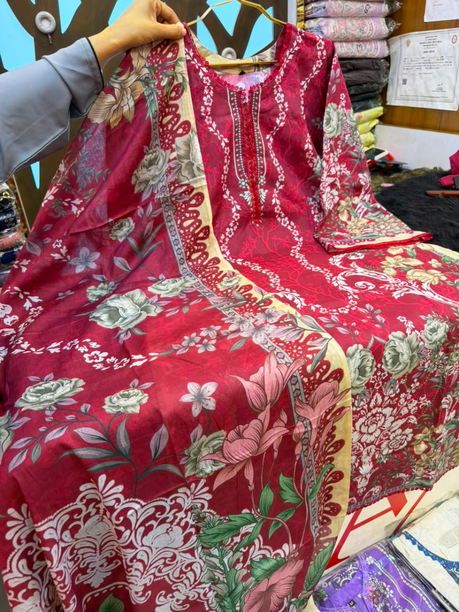 Maroon & Floral Printed Swiss Lawn Three-Piece Suit Set - Deep Maroon / Crimson Base