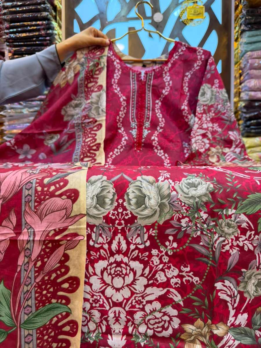 Maroon & Floral Printed Swiss Lawn Three-Piece Suit Set - Deep Maroon / Crimson Base