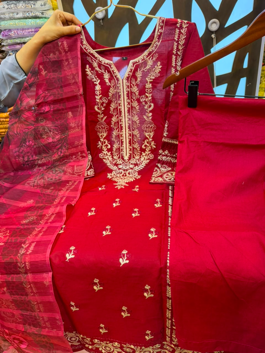 Pakistani-Inspired Embroidered Three-Piece Suit Collection - Rich Maroon