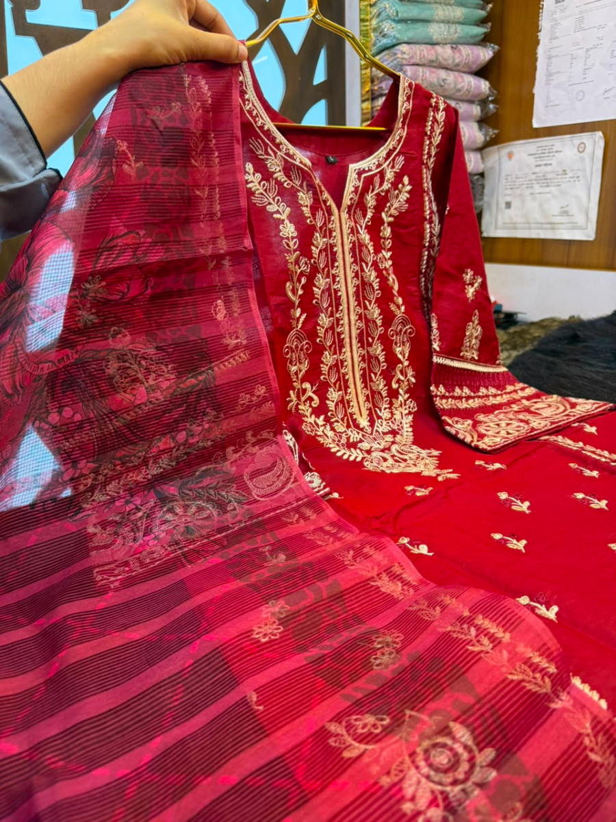 Pakistani-Inspired Embroidered Three-Piece Suit Collection - Rich Maroon