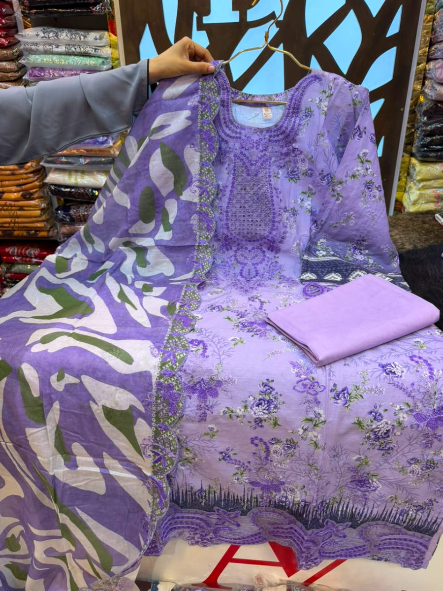 Lavender & Orchid Floral Embroidered Swiss Lawn Three-Piece Suit Set - Soft Lavender / Orchid Purple Base 