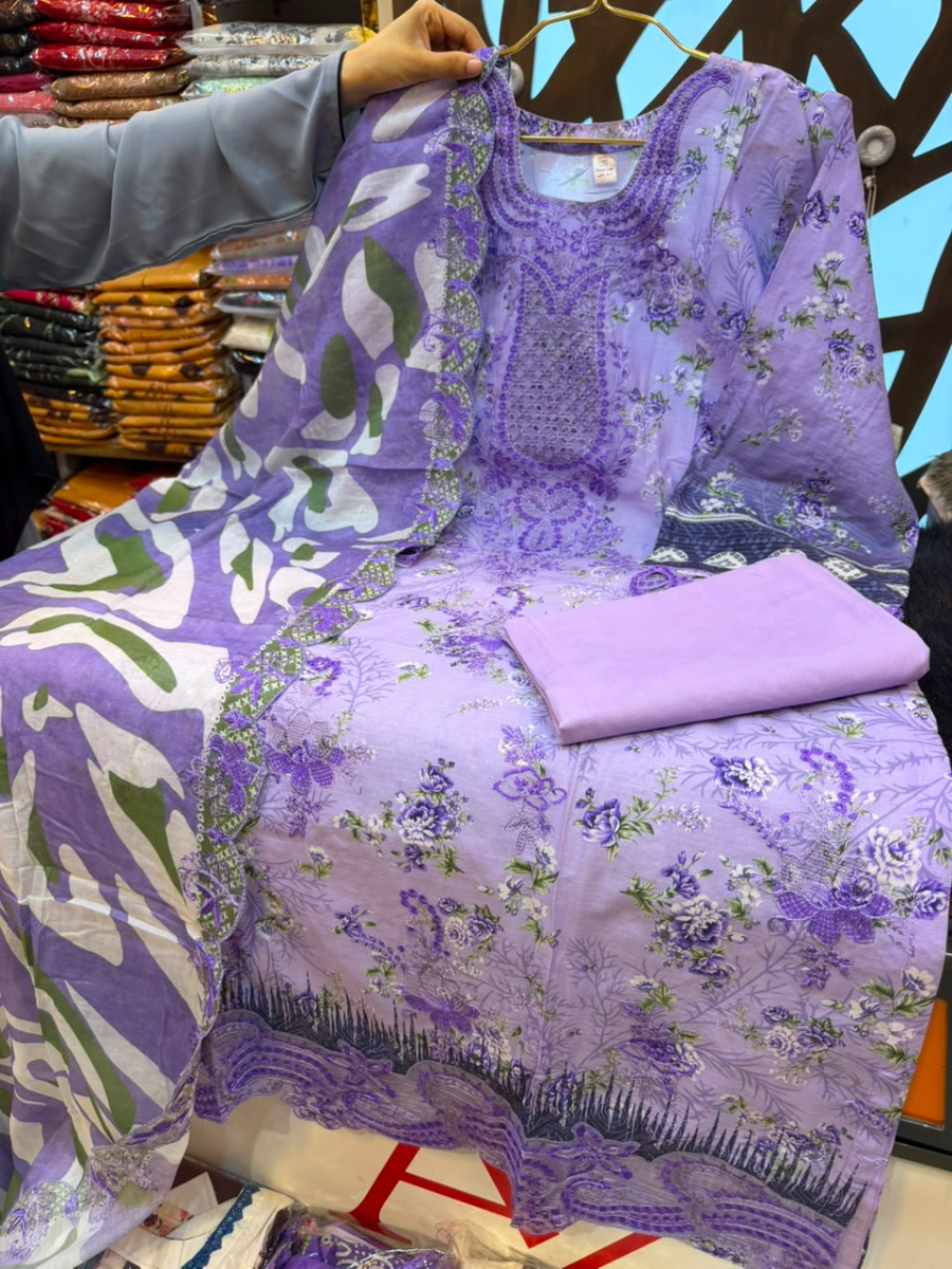 Lavender & Orchid Floral Embroidered Swiss Lawn Three-Piece Suit Set - Soft Lavender / Orchid Purple Base 