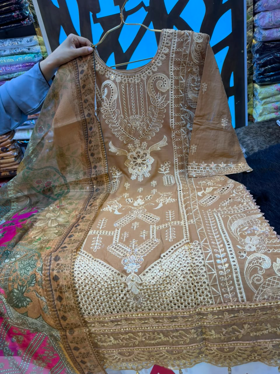 Pakistani-Inspired Embroidered Solid Cotton Three-Piece Suit - Solid Warm Mocha Tan / Camel Brown 