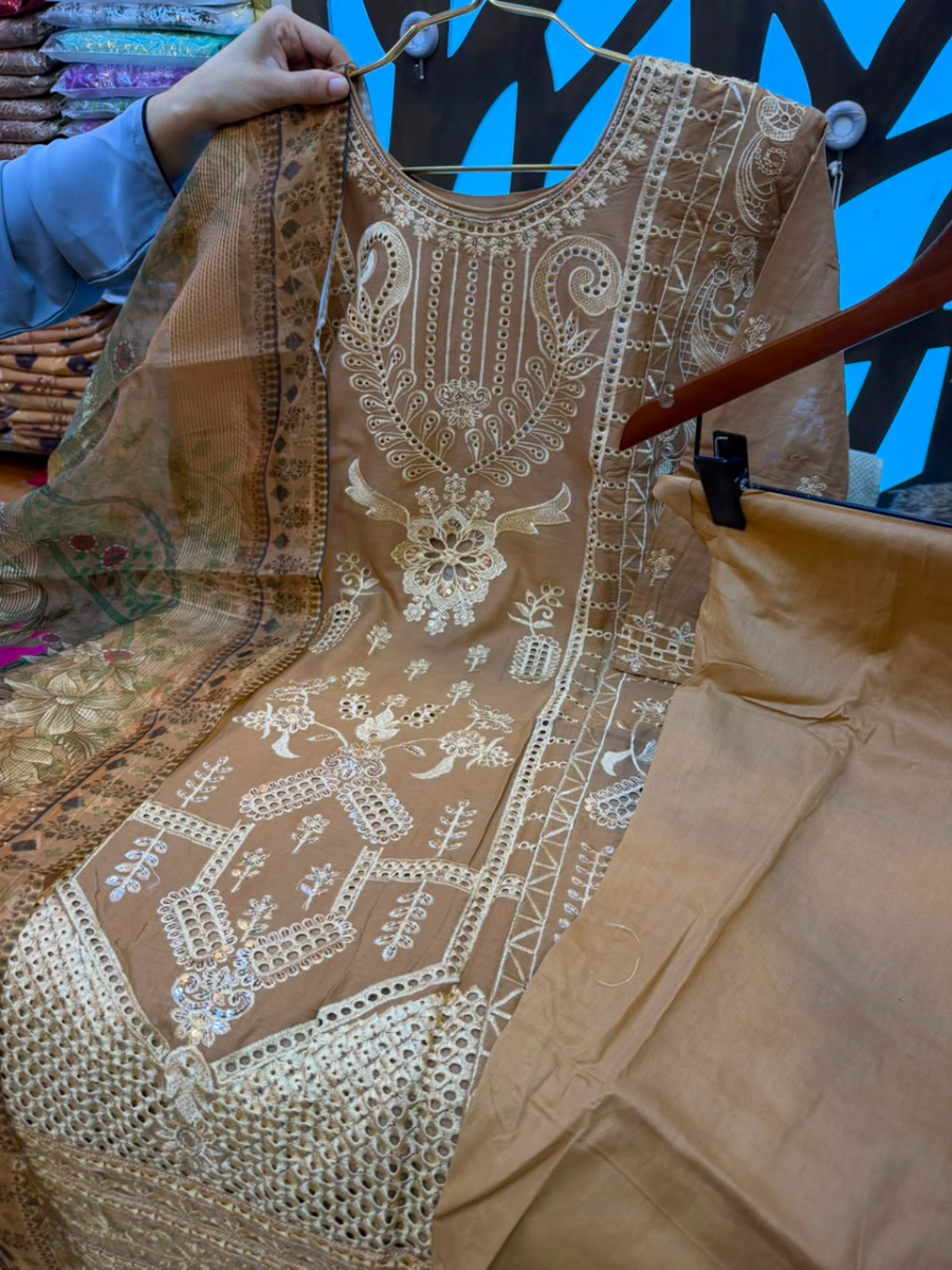 Pakistani-Inspired Embroidered Solid Cotton Three-Piece Suit - Solid Warm Mocha Tan / Camel Brown 