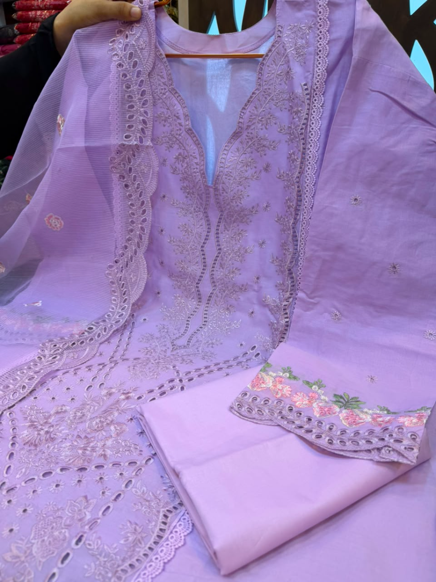 Pakistani-Inspired Floral Cut-Work & Boring Embroidered Swiss Lawn Three-Piece Semi-Stitched Suit