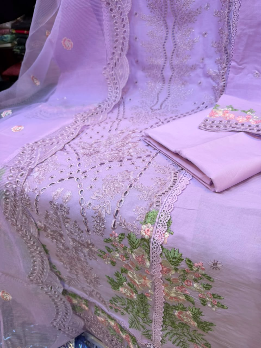 Pakistani-Inspired Floral Cut-Work & Boring Embroidered Swiss Lawn Three-Piece Semi-Stitched Suit