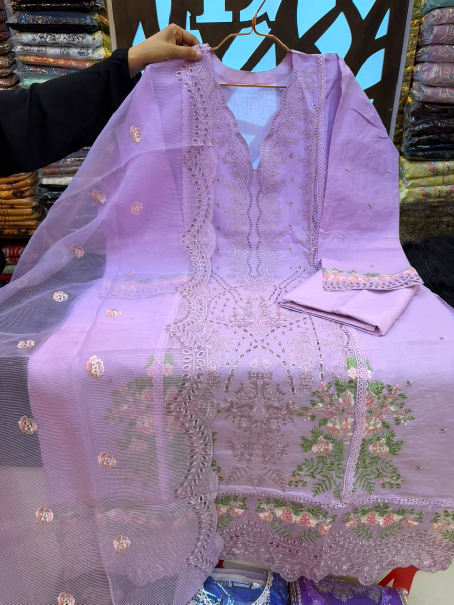 Pakistani-Inspired Floral Cut-Work & Boring Embroidered Swiss Lawn Three-Piece Semi-Stitched Suit