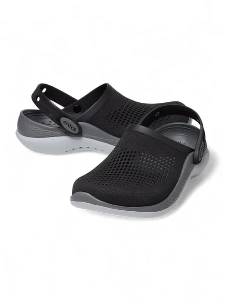 Black & Gray Crocs-Style Clogs—Breathable Comfort with White Sole