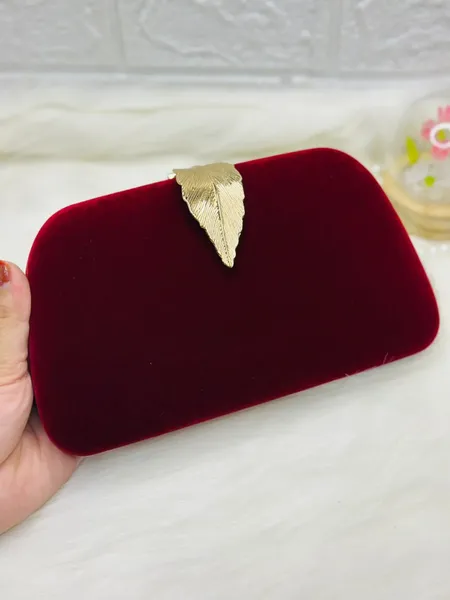 Elegant Red Velvet Leaf Clutch – Luxury Eid Collection