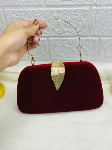 Elegant Red Velvet Leaf Clutch – Luxury Eid Collection